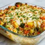 Pour the quinoa and vegetable mixture into a greased 9×13 inch casserole dish (or similar sized oven-safe dish) Recipe