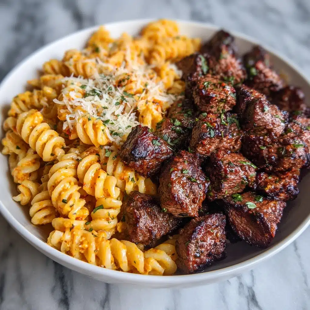 Garlic Butter Steak Bites & Cajun Alfredo Pasta Recipe - Recipe Image