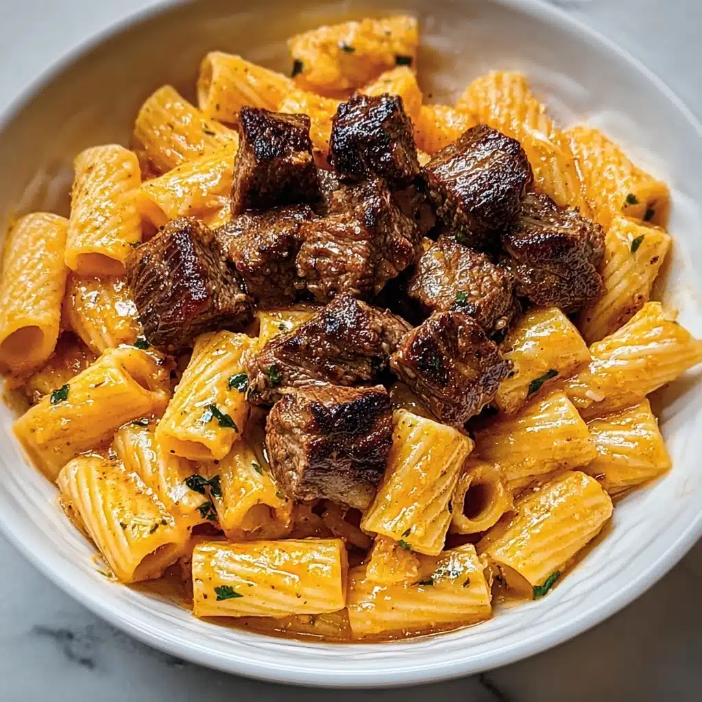 Cajun Steak Tips in Cheesy Rigatoni Parmesan Sauce Recipe - Recipe Image