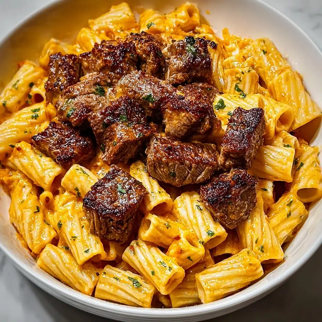 Cajun Steak Tips in Cheesy Rigatoni Parmesan Sauce Recipe - Recipe Image