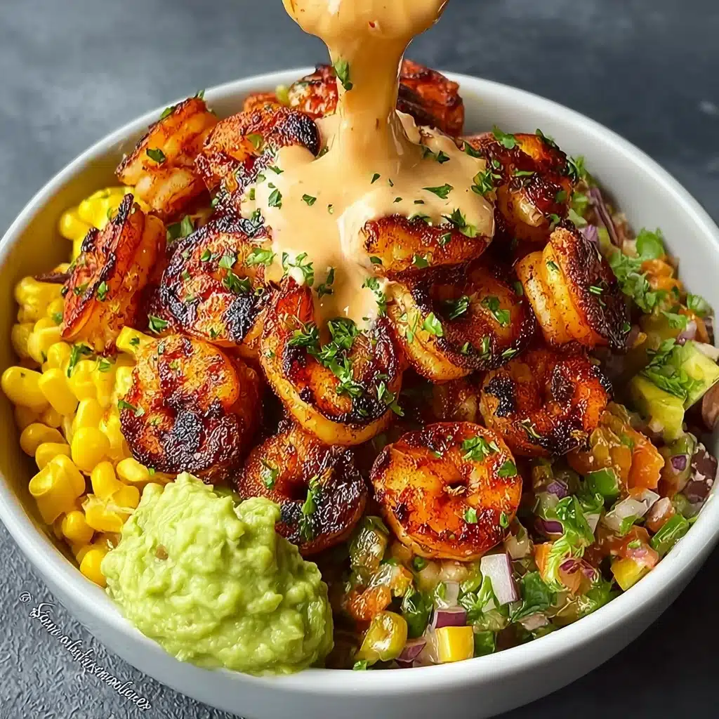 Grilled Shrimp Bowl with Avocado, Corn Salsa & Creamy Sauce Recipe - Recipe Image