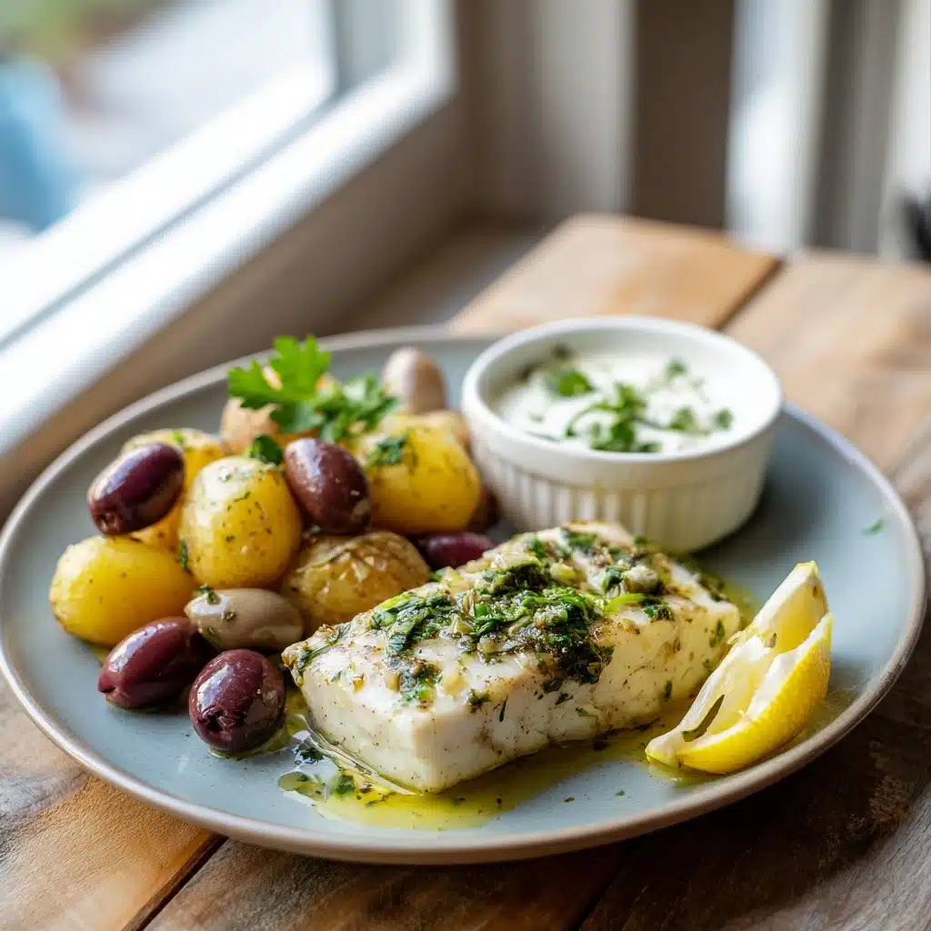 Greek-Style Cod with Potatoes and Olives Recipe - Recipe Image