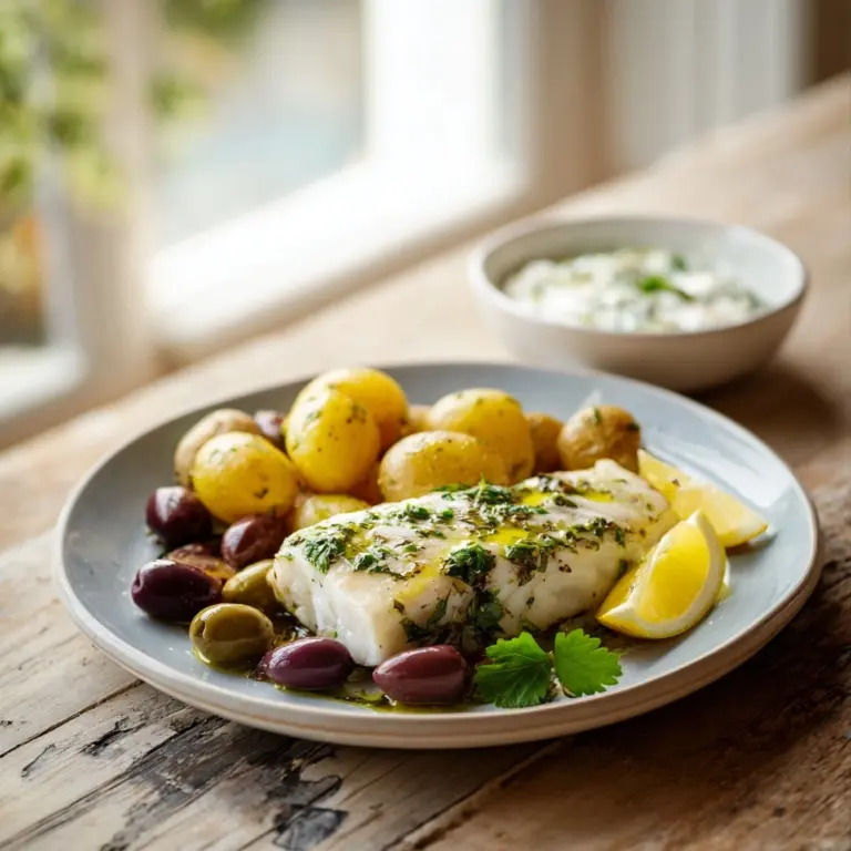 Greek-Style Cod with Potatoes and Olives Recipe