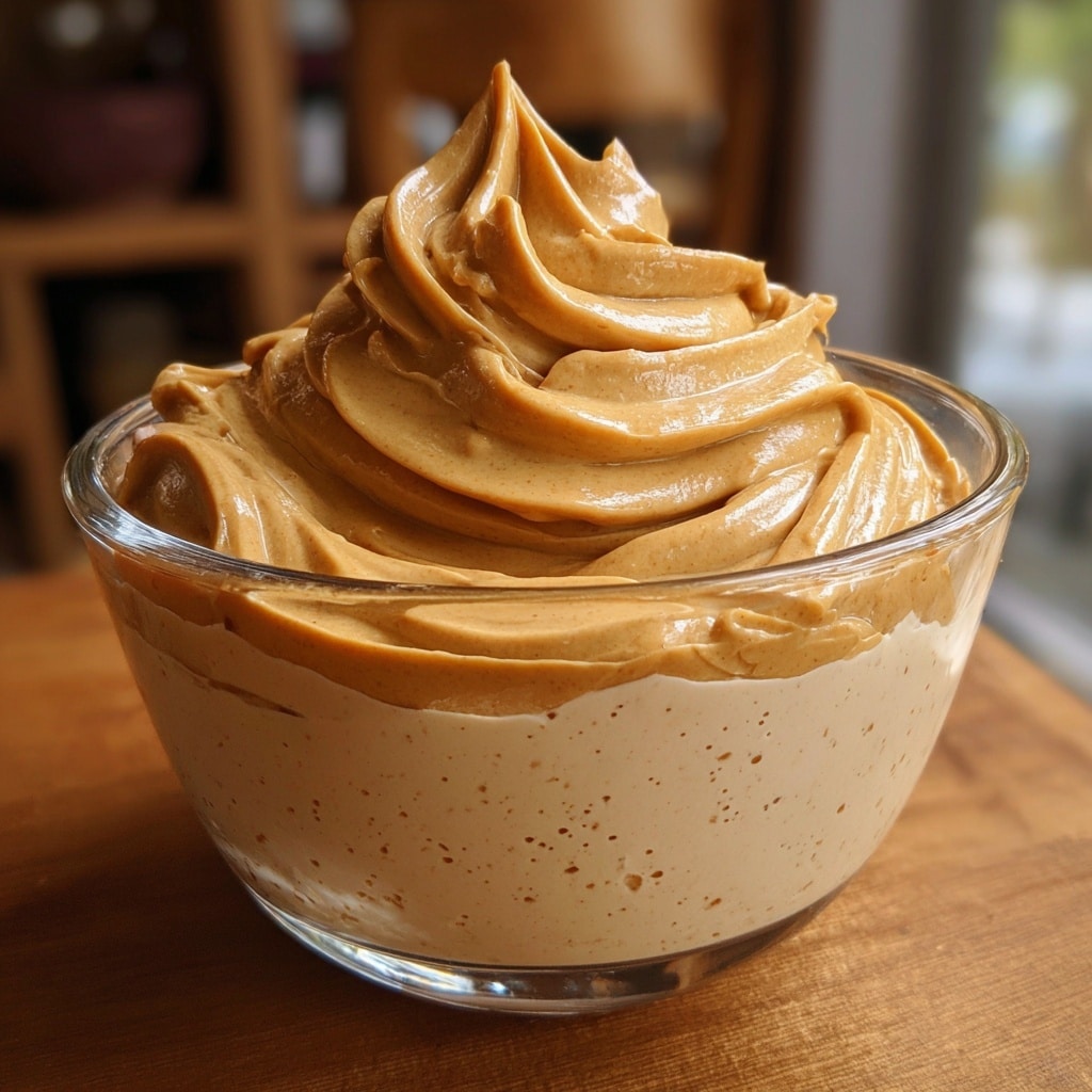 A clear glass cup filled with thick, creamy light brown mousse with small air pockets inside. The mousse has a smooth texture and is topped with a large swirl of the same mousse, forming a soft-peak shape. The glass cup is set on a wooden surface, with a white marbled background. To the right, there is a close-up of a wooden spoon with a small scoop of the mousse. The overall look is rich and whipped, with a soft and smooth surface on top. Photo taken with an iphone --ar 4:5 --v 7