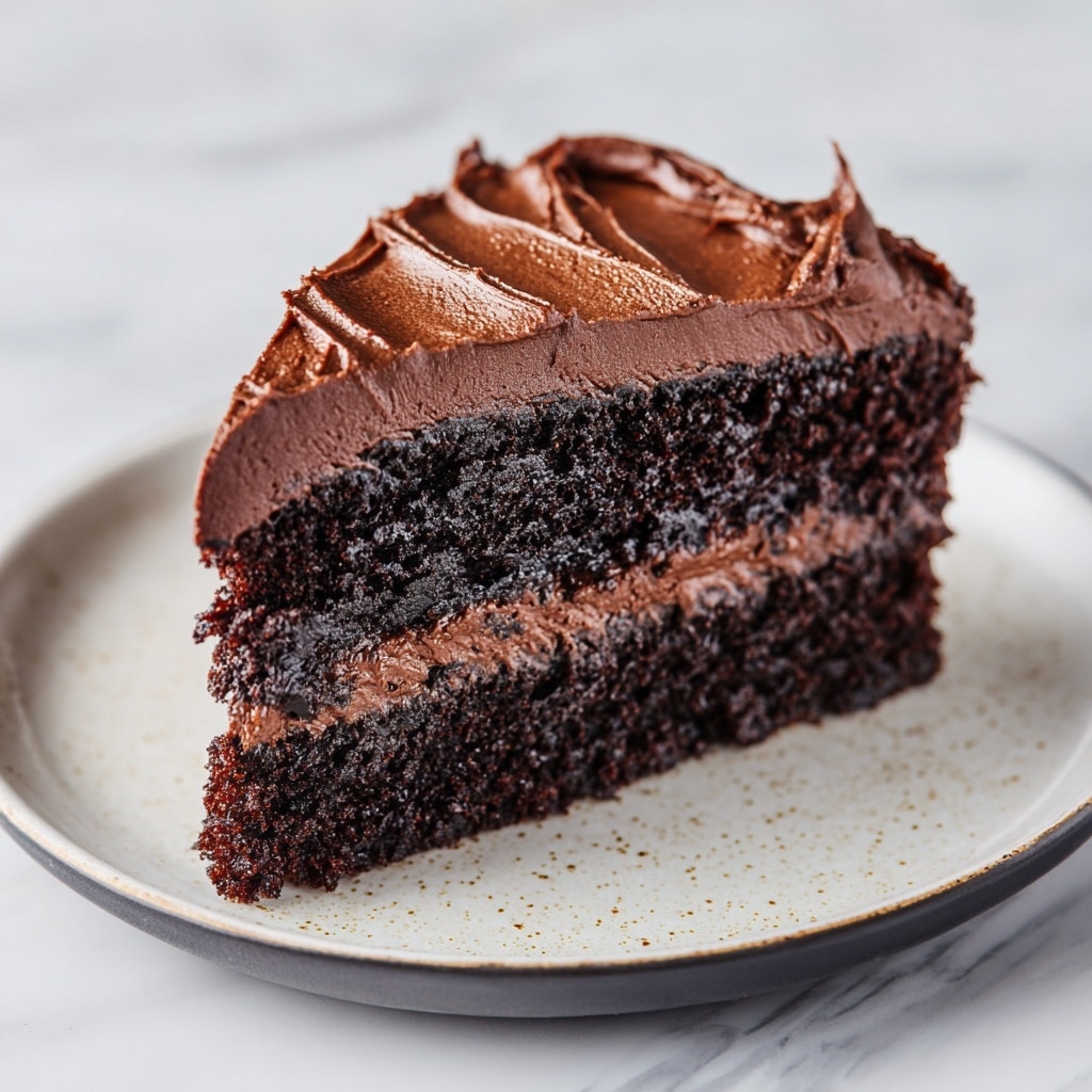 A slice of chocolate cake sits on a white plate with a speckled design and a dark edge rim, resting on a white marbled surface. The cake has two main layers of dense, dark chocolate sponge with a thick middle layer of creamy, smooth dark chocolate frosting. The top layer is fully covered with a thick, rich chocolate frosting, smoothly spread with slight swirls and ridges that add texture. The edges of the slice are sharp and clean, showing the contrast between the crumbly cake and the glossy frosting. photo taken with an iphone --ar 4:5 --v 7