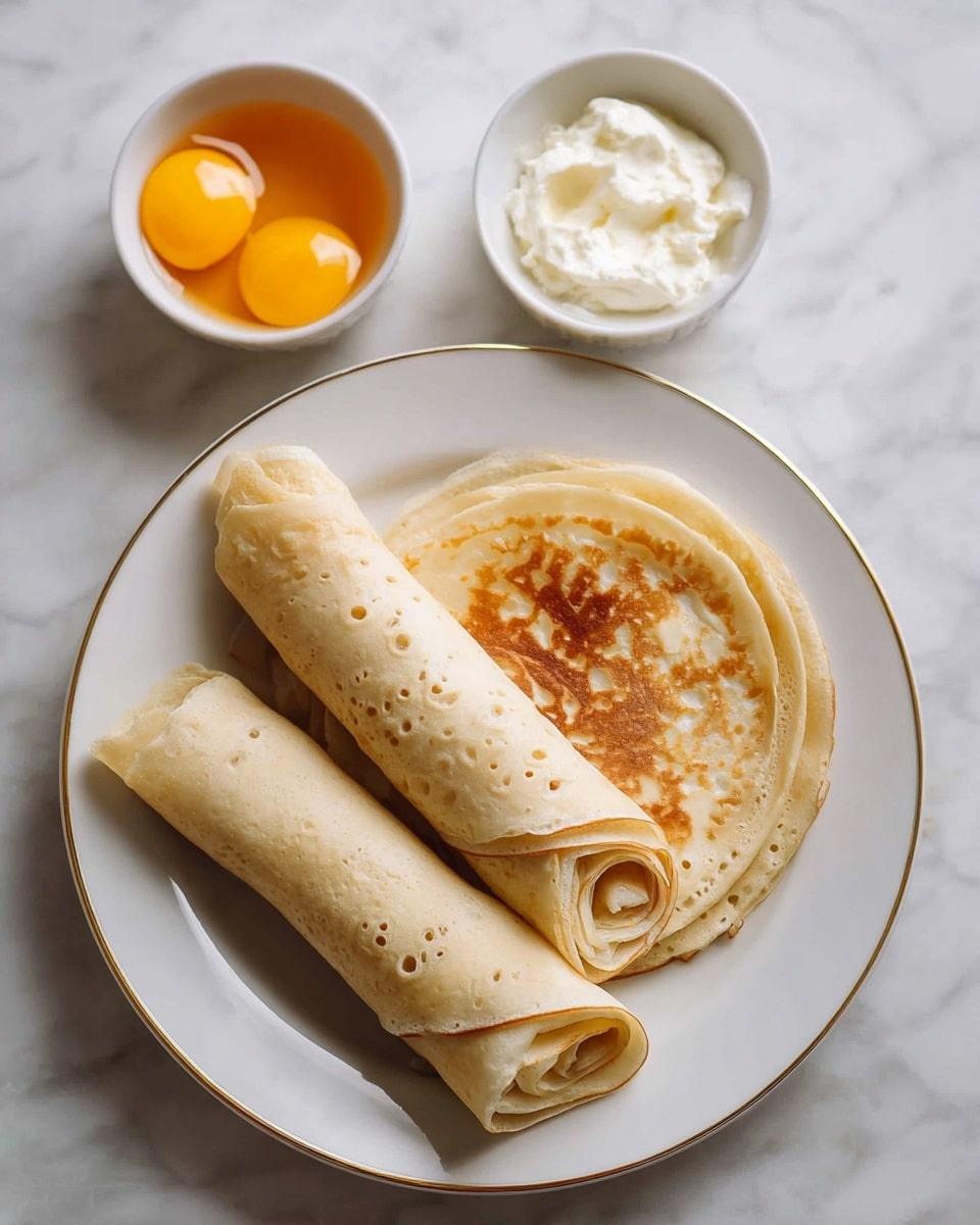 Three rolled, thin crepes are on a white plate with a gold rim, two of which are cut in half showing the many soft, light beige layers inside with small holes, while the third crepe is whole and has a slightly golden, browned spot on top. Above the plate, a small white bowl holds two bright yellow egg yolks with the clear egg whites around them, and next to it, another small white bowl contains a soft, white creamy substance. The background is a white marbled surface. Photo taken with an iphone --ar 4:5 --v 7