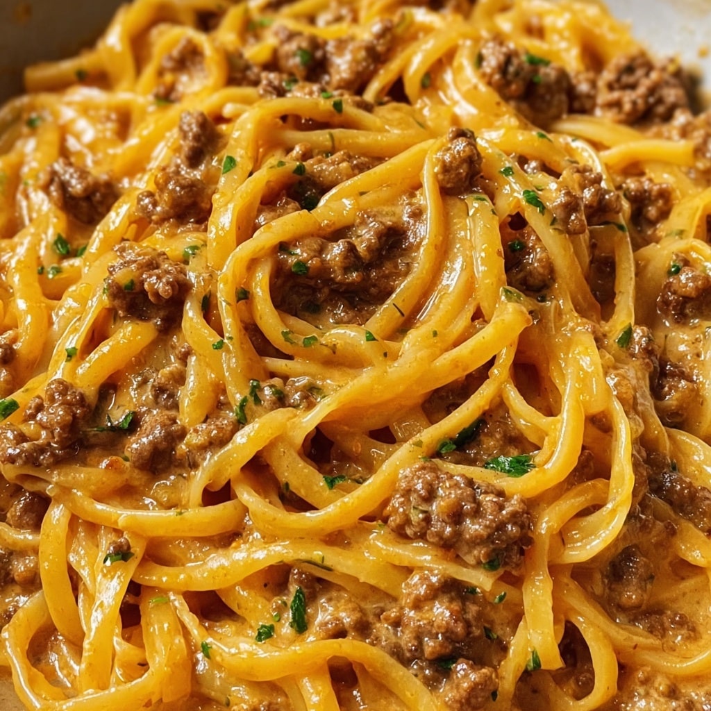This image shows a close-up of a creamy pasta dish with three main layers. The bottom layer is made of long, smooth pasta strands coated in a rich orange-yellow creamy sauce that looks shiny and thick. On top of the pasta, there is a layer of small ground meat pieces that are brown and slightly crumbly. Small green herb bits are scattered throughout the dish, adding tiny spots of color. The dish is served in a white bowl sitting on a white marbled surface. photo taken with an iphone --ar 4:5 --v 7