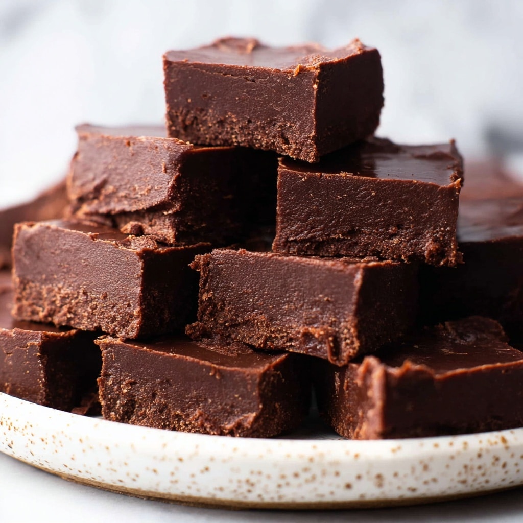 The image shows a stack of thick, square-shaped pieces of dark chocolate fudge arranged on a white speckled plate. Each piece has two layers: a denser darker brown bottom layer with a slightly crumbly texture, and a smoother, rich chocolate brown top layer that looks creamy. The fudge pieces are piled unevenly with one piece resting on top of the others near the center. There are a few chocolate chips scattered on the white marbled surface around the plate, adding to the chocolate theme. The background is bright and plain, focusing all attention on the rich, dense fudge. photo taken with an iphone --ar 4:5 --v 7