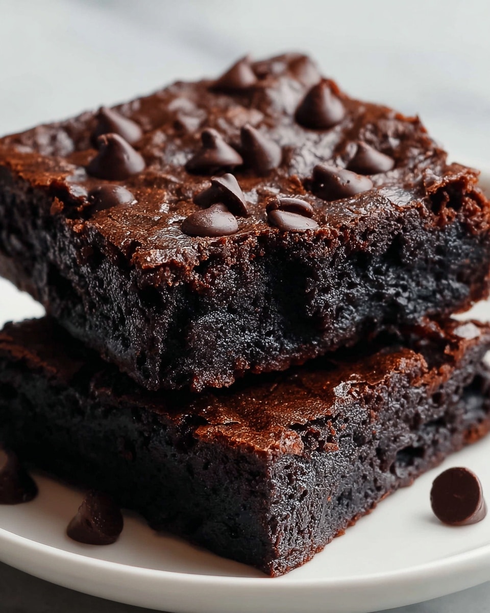 Two thick, dark chocolate brownies are stacked on a white plate placed on a white marbled surface. Each brownie has a slightly cracked top with a matte texture and is sprinkled generously with small, glossy chocolate chips that add a bit of shine and roughness. The inside of the brownies looks moist and dense with an almost black-brown color, showing a rich, fudgy texture. The edges are firm, contrasting with the soft middle layers. The stack creates a sense of depth and indulgence. photo taken with an iphone --ar 4:5 --v 7