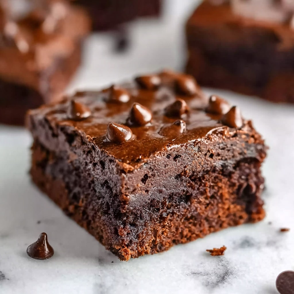 A close-up of a small square brownie piece held between the thumb and index finger of a woman's hand, showing a dark rich chocolate base with a slightly textured surface and scattered glossy chocolate chips on top. The brownie looks dense and moist, and in the blurred background, more similar brownies are placed on a white marbled surface. The focus is on the detailed texture of the brownie and the woman's hand holding it. photo taken with an iphone --ar 4:5 --v 7