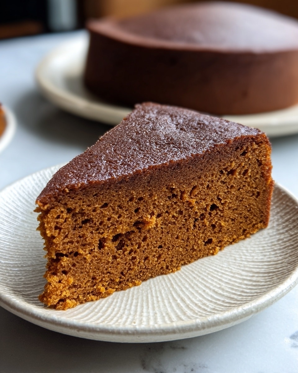A close-up image of a single slice of gingerbread cake placed on a white plate, showing a thick, moist, and dense texture with a deep brown color. The slice has one layer with a slightly crumbly edge and a smooth top that catches the light softly, highlighting its rich, spiced surface. The background includes blurred kitchen items with a white marbled texture beneath the plate. The lighting suggests natural light coming from a nearby window, enhancing the warm tones of the cake. Photo taken with an iphone --ar 4:5 --v 7