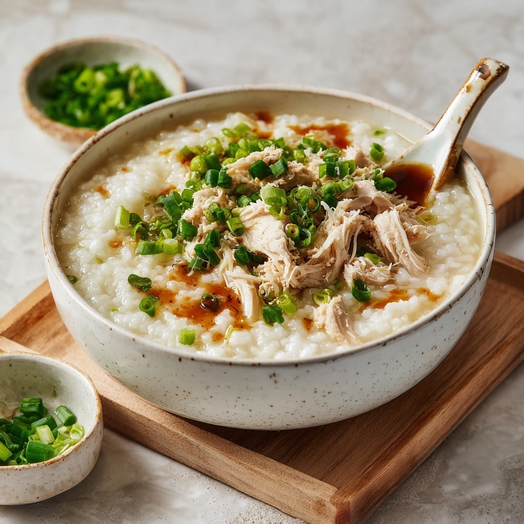 A bowl of thick rice porridge sits at the center, with soft creamy beige grains making up the base layer, mixed with tender white chicken pieces spread unevenly throughout. Bright green chopped scallions are sprinkled on top, adding a fresh pop of color, with small pools of brown sauce drizzled lightly over the surface. A ceramic spoon with a pale beige and brown glaze rests inside the bowl, which is white with a light speckled pattern. The bowl rests on a light wooden board, surrounded by a small white bowl of chopped scallions and a white marbled textured surface under everything. Photo taken with an iphone --ar 4:5 --v 7