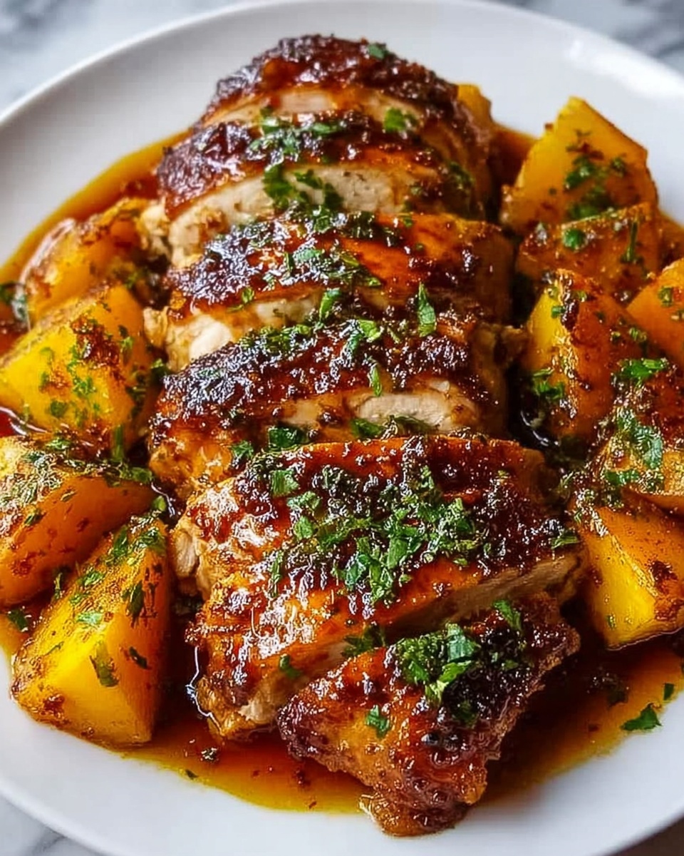 The image shows a white plate filled with sliced roasted chicken layered on top of large golden-brown roasted potato chunks. The chicken skin is crispy with a dark brown glaze and sprinkled carefully with fresh green herbs. The sauce covers the chicken and potatoes, adding a shiny, slightly sticky texture to the dish. The plate is placed on a white marbled surface. photo taken with an iphone --ar 4:5 --v 7