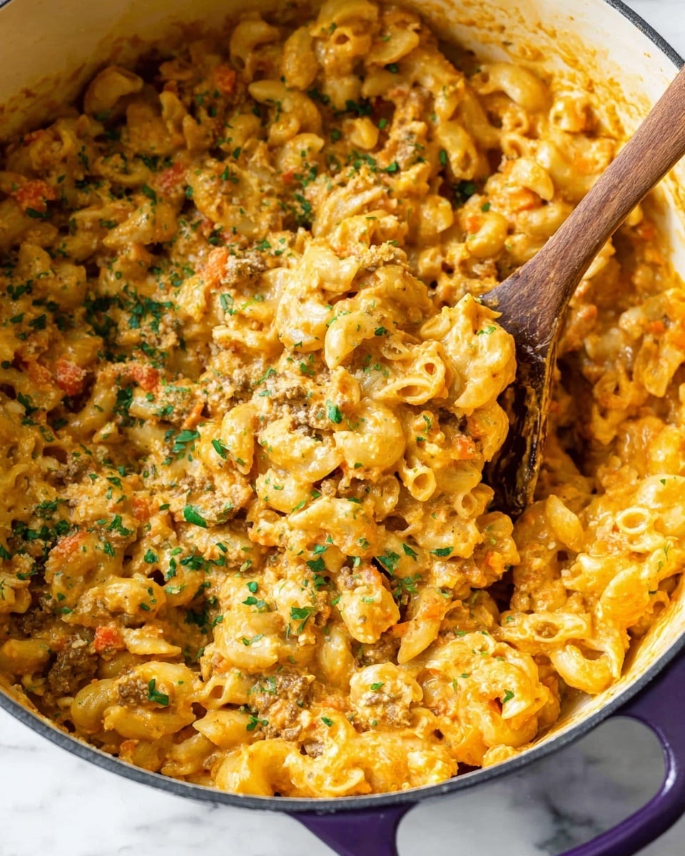 A close-up view of a large white pot filled with creamy macaroni pasta mixed with ground meat, small diced carrots, and green herbs, all coated in a thick orange cheese sauce. The dish has a rich, smooth texture with hints of chunkiness from the meat and vegetables. There is a wooden spoon inside the pot lifting a portion of the cheesy pasta mix, showing the layers of pale yellow pasta and finely chopped green herbs on top. The pot sits on a white marbled surface, and part of a white cloth is visible on the left side. photo taken with an iphone --ar 4:5 --v 7