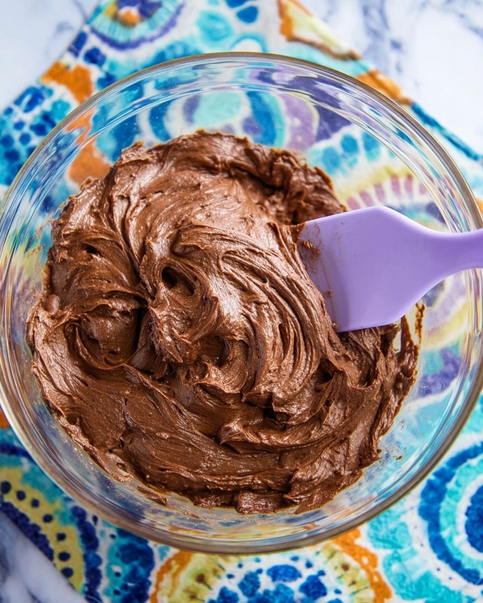 A clear glass bowl is filled with a thick, rich chocolate frosting that has a smooth and creamy texture with visible swirls and peaks from stirring. A light purple spatula is partially dipped into the chocolate frosting on the right side of the bowl. The bowl is placed on a colorful cloth with a bright and busy pattern of blue, orange, yellow, and green shapes. The background shows a white marbled texture. photo taken with an iphone --ar 4:5 --v 7