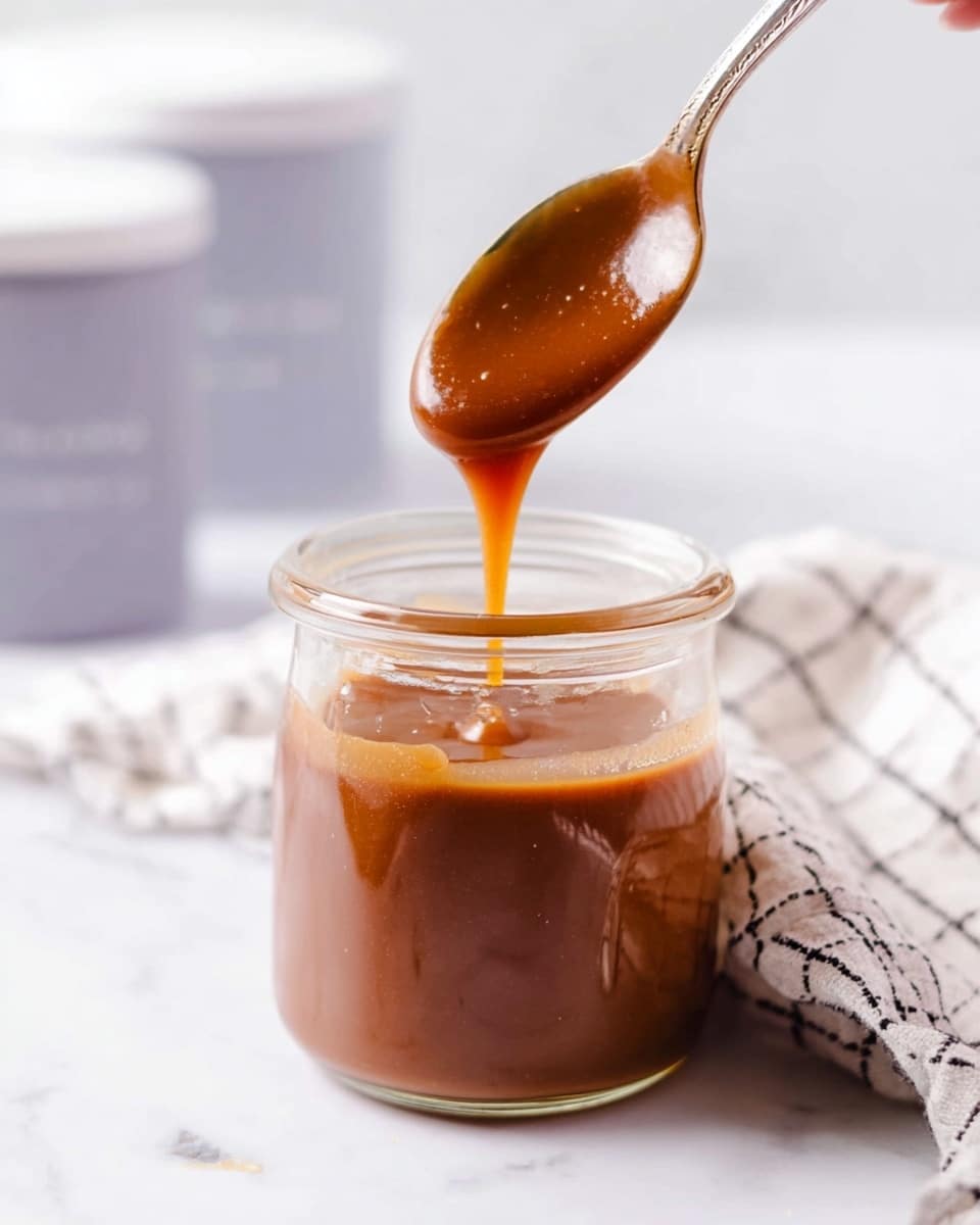 A close-up of a white speckled ceramic cup filled with a creamy beverage, topped with a large swirl of fluffy white whipped cream that rises above the cup's rim; thick caramel sauce with a rich golden-brown color is drizzled over the whipped cream, creating shiny, flowing lines that drip slightly down the sides. In the blurry background, there is a small glass jar filled with caramel sauce and cinnamon sticks standing upright, all set on a white marbled surface that adds a clean and bright look to the scene. photo taken with an iphone --ar 4:5 --v 7