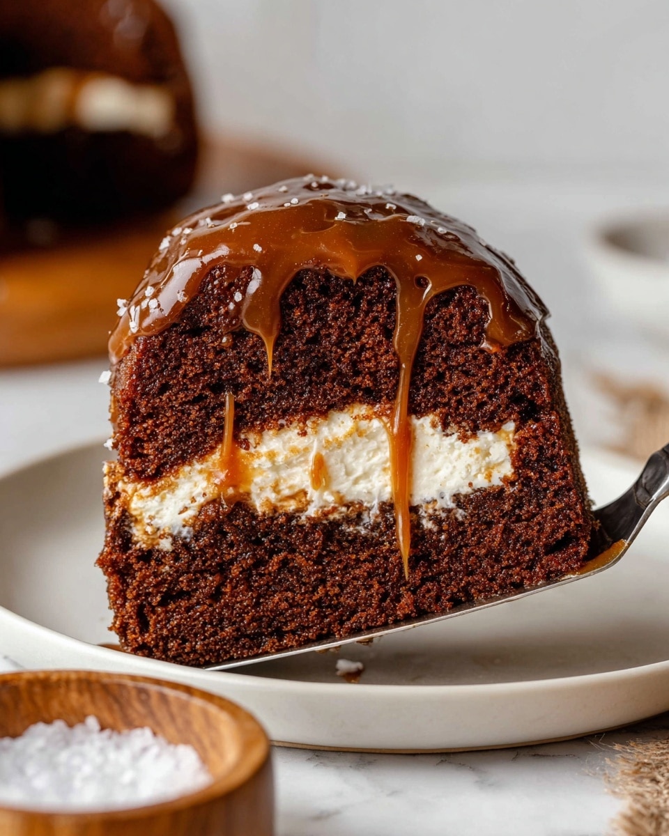 A close-up of a moist, dark brown cake slice with a thick, creamy white layer in the middle, held on a metal spatula. The top of the cake is covered in a shiny, rich caramel sauce that drips slightly down the sides. The cake slice shows a crumbly texture with tiny air holes throughout. The scene is set on a white plate against a white marbled background, with a wooden bowl containing coarse salt blurred in the foreground. Photo taken with an iphone --ar 4:5 --v 7