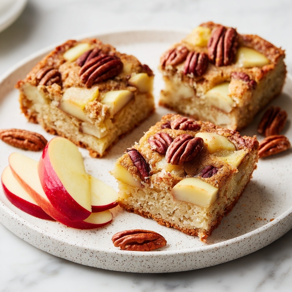 Three square pieces of apple cake with pecans are arranged on a round white speckled plate set on a white marbled surface. The cake has a golden-brown textured top with chunks of pale yellow apple and scattered pecan halves embedded within. Near the cake squares, there are fresh apple wedges with a light yellow inside and red skin, each garnished with a pecan. Additional pecans are scattered around the plate on the surface. Photo taken with an iphone --ar 4:5 --v 7