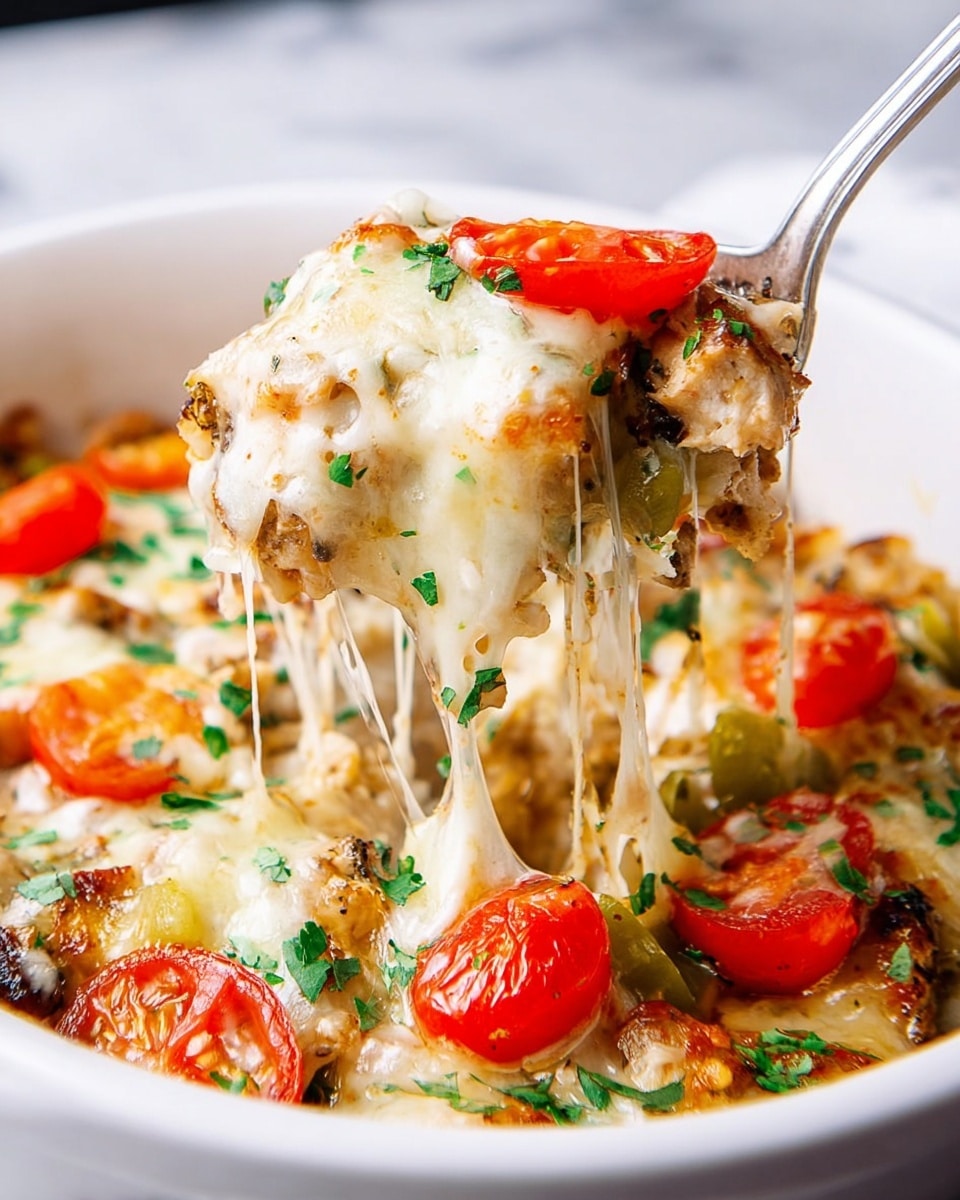 A white baking dish filled with a baked chicken casserole showing at least three layers: a base layer of tender chicken pieces with a light golden color, a middle layer of finely chopped colorful vegetables including red cherry tomato slices, green olives, and onions, and a top layer of melted white cheese sprinkled with fresh chopped green herbs. The cheese is bubbly and slightly browned in spots, with the vegetables peeking through. The dish rests on a white marbled surface with scattered parsley leaves and halved cherry tomatoes around it. photo taken with an iphone --ar 4:5 --v 7