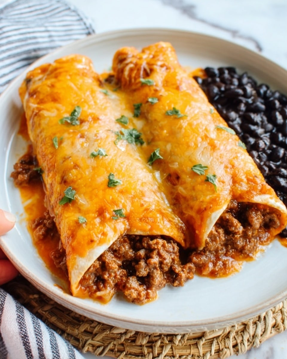 The image shows two rolled enchiladas placed side by side in a white oval plate. Each enchilada has a soft, orange-colored tortilla covering a visible filling of brown textured ground meat mixed with some green bits, likely herbs. The top layer is coated with melted orange cheese that has some smooth and slightly bubbly areas. Small green chopped herbs are sprinkled on top for color contrast. To the left side of the plate, there's a small serving of black beans that look soft and shiny. The plate is set on a white marbled surface showing a natural pattern of thin gray veins. A woman's hand is gently touching the edge of the plate from the right side. photo taken with an iphone --ar 4:5 --v 7