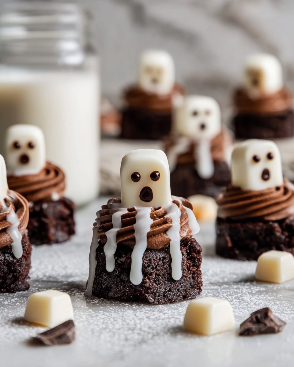 The image shows small ghost-themed desserts each composed of three layers: the base is a dark brown, rough-textured chocolate cookie; on top of that is a swirl of smooth, rich, dark chocolate frosting; the final layer is a small, white ghost-shaped cube of creamy white chocolate or icing with melted white glaze dripping over the frosting. Each ghost has two small dark chocolate dots for eyes and an oval-shaped mouth, giving a surprised expression. The desserts are scattered on a white marbled surface dusted lightly with powdered sugar, with small chocolate pieces and white cube fragments around. In the background, there is a clear glass jar filled with milk. Photo taken with an iphone --ar 4:5 --v 7