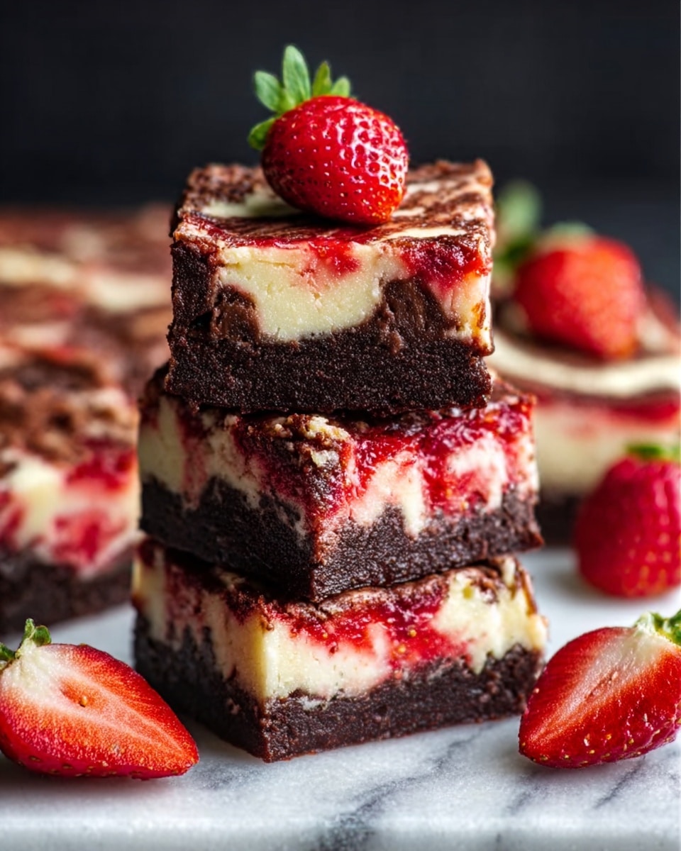 The image shows a stack of three thick, square dessert bars with a marbled pattern of dark brown chocolate and creamy white cheesecake swirled together. Each bar has a bright red strawberry sauce or jam layer mixed in, creating a vibrant contrast with the chocolate and cream. The top bar is decorated with a halved fresh strawberry with green leaves. The bars rest on a white marbled surface with a few whole and halved fresh strawberries around them, giving a fresh and juicy look. The background is dark, making the colors of the dessert and strawberries stand out clearly. Photo taken with an iphone --ar 4:5 --v 7