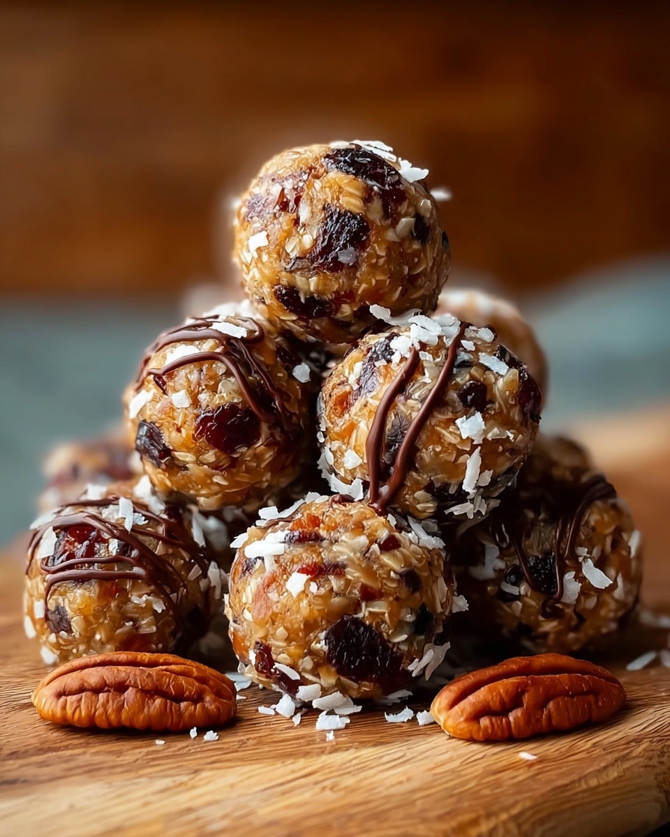 The image shows round energy balls stacked on a wooden surface with two pecans at the front. Each ball has a textured mix of light brown and amber bits, with visible pieces of dark brown dried fruit, and is topped with small white coconut flakes scattered unevenly on their surface. Some balls are drizzled lightly with smooth melted chocolate in delicate lines, adding a darker contrast. The background is softly blurred, with a consistent warm tone. The focus is sharp on the front balls, highlighting their glossy and textured appearance. photo taken with an iphone --ar 4:5 --v 7