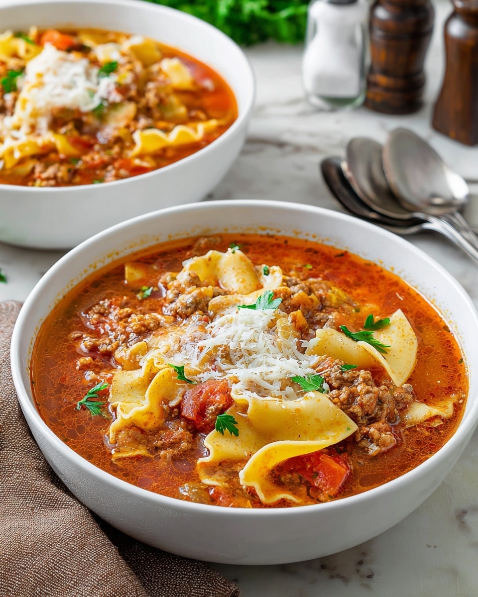Two white bowls filled with hearty lasagna soup sit on a white marbled surface. Each bowl shows at least three layers: a base of chunky red tomato soup mixed with browned ground meat and small pieces of carrot and tomato, a middle layer of wide, soft yellowish pasta strips partially submerged in the soup, and a top layer of melted shredded white cheese with a few fresh green parsley leaves for garnish. In the background, salt and pepper shakers and scattered silver spoons add to the cozy table setting. Photo taken with an iphone --ar 4:5 --v 7