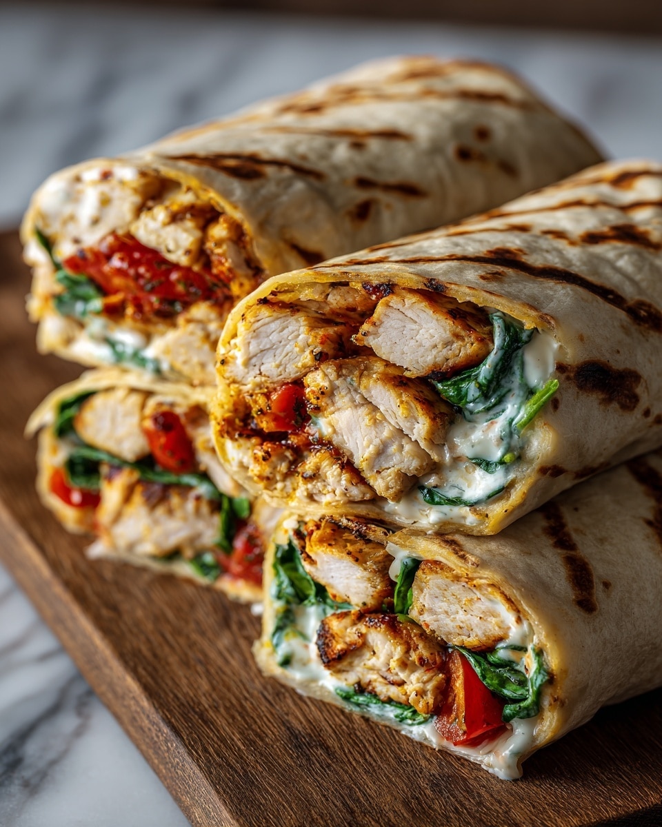 The image shows four grilled chicken wraps stacked on a wooden board over a white marbled surface. Each wrap has a browned, soft tortilla exterior with visible grill marks. Inside, there are several layers: grilled, golden-brown chicken pieces, fresh green spinach leaves, chunks of red tomatoes, and white creamy sauce spread unevenly. The wraps are cut to show the colorful filling inside, with the chicken and sauce being the most prominent. Photo taken with an iphone --ar 4:5 --v 7