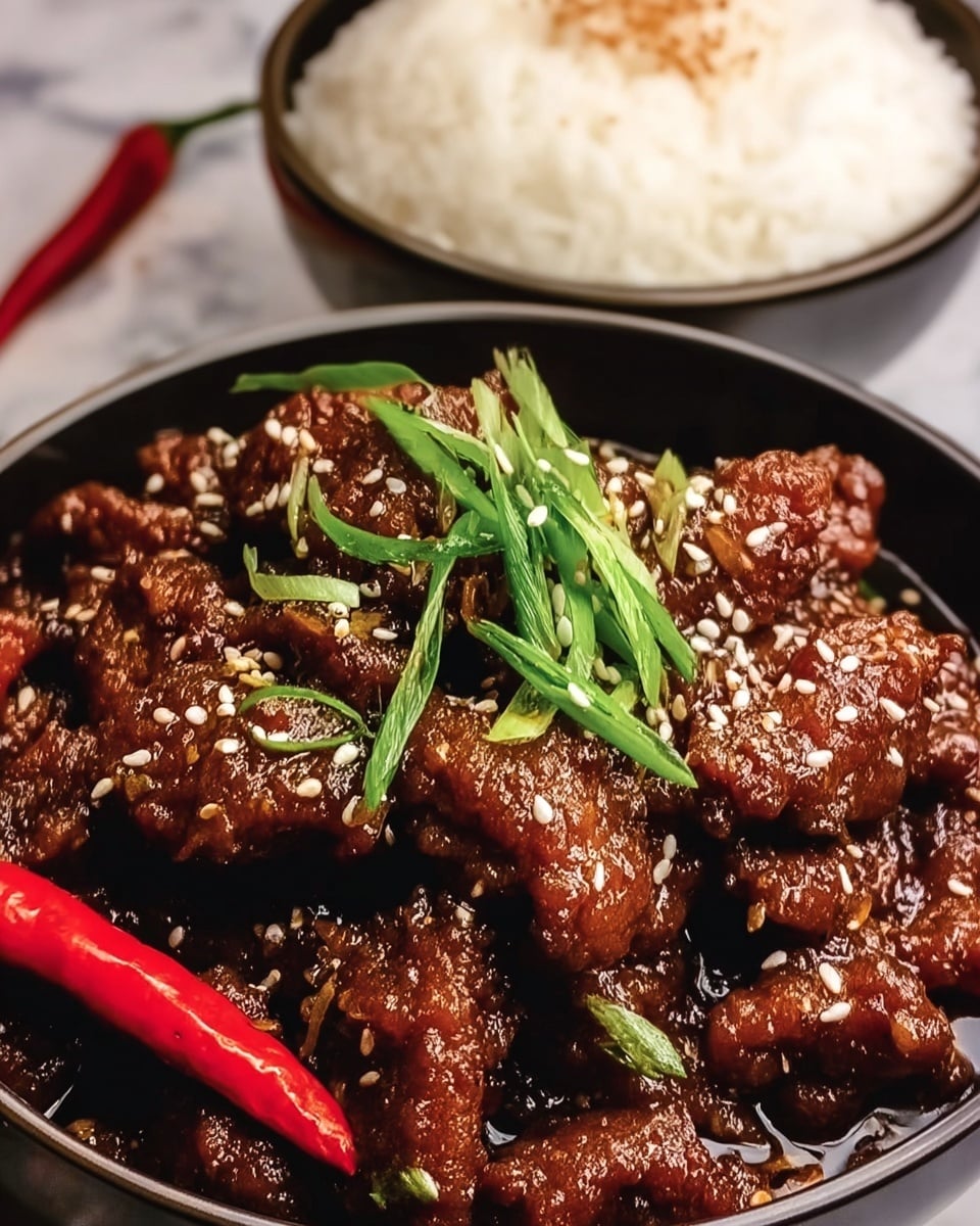 A close-up image of two white bowls on a white marbled surface; the larger bowl in the foreground holds dark brown glazed pieces of fried meat coated with a shiny sauce, garnished with several long green onion slices and a whole red chili pepper, all sprinkled with white sesame seeds. The smaller bowl in the background contains a serving of white rice topped with black and red spices. Photo taken with an iphone --ar 4:5 --v 7