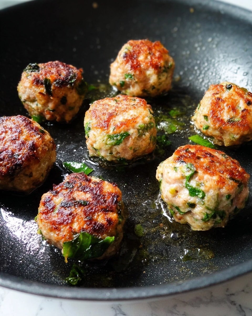 Seven small, round meatballs are cooking in a black pan with a greasy surface; each meatball has a rough texture with visible green herb pieces mixed throughout. The meatballs have a golden-brown crust on the top or sides from frying, with some areas darker and crispier. The background is a white marbled texture, seen slightly at the edges. photo taken with an iphone --ar 4:5 --v 7
