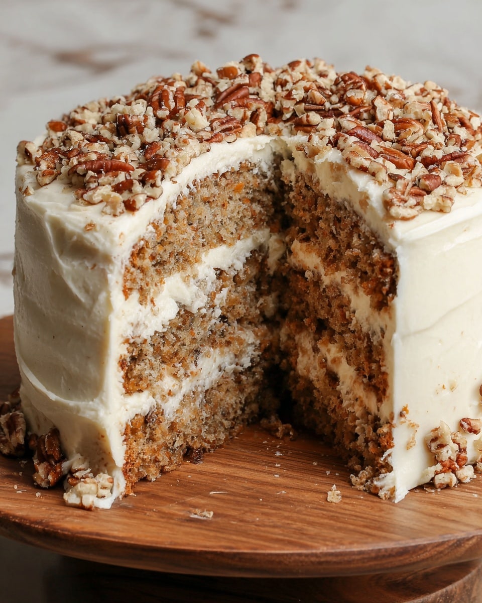 A four-layer slice of nut-speckled cake is placed on a white plate in the foreground, each layer textured with a light brown crumb and separated by creamy white frosting with visible nut pieces; the top layer is thickly coated with white frosting and generously sprinkled with chopped pecans. In the background, the remaining three-layer cake, fully frosted with the same white frosting and topped with chopped pecans, sits on a wooden board. The scene is set against a simple light beige backdrop with a white marbled texture underneath. photo taken with an iphone --ar 4:5 --v 7