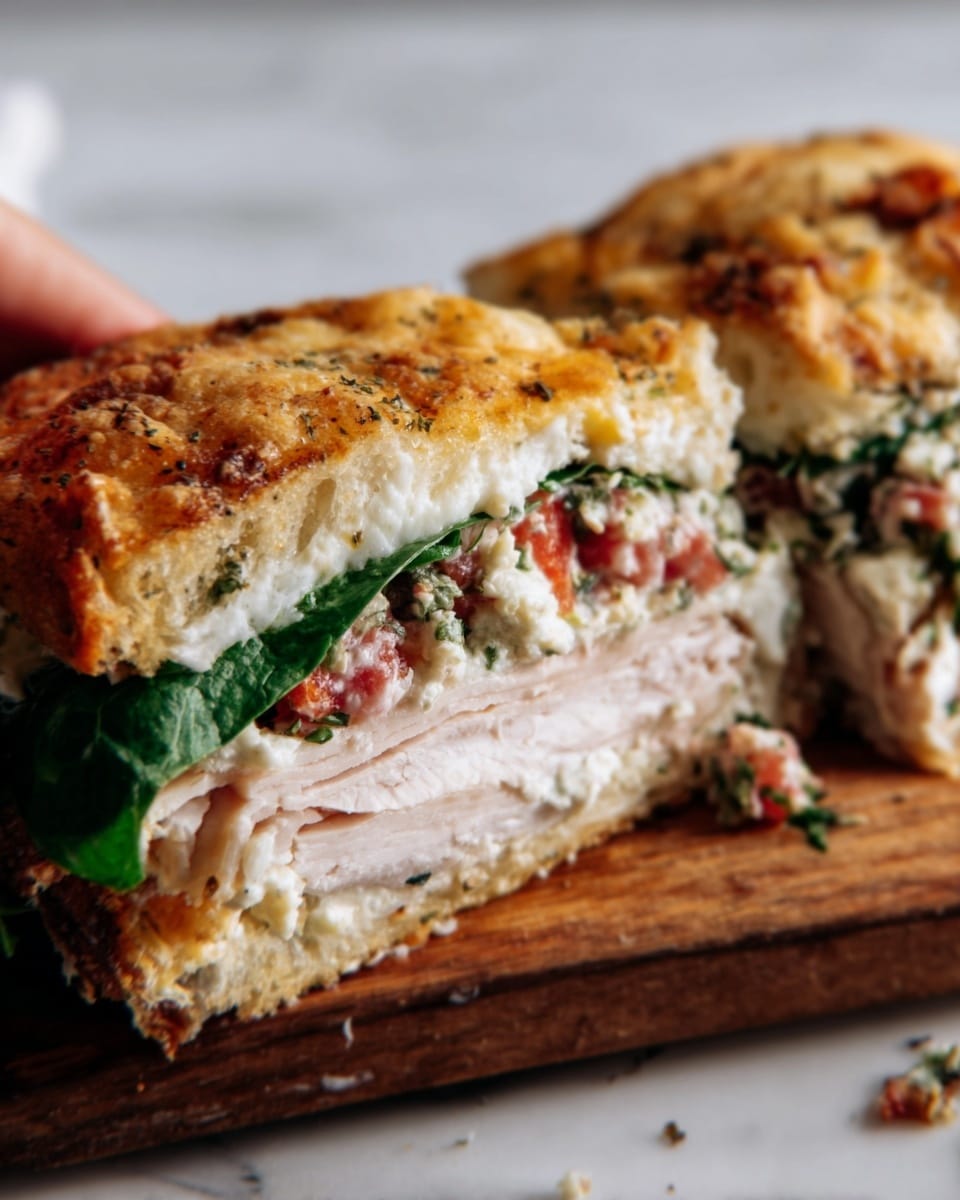 The image shows a close-up of a slice of layered sandwich with three visible layers: the top layer is a golden-brown toasted bread sprinkled with breadcrumbs and bits of crispy topping, the middle layer contains a creamy spread mixed with pieces of green leafy vegetables and thin slices of purple onions and the bottom layer consists of thick slices of light-colored turkey or chicken. The sandwich sits on a dark wooden surface with some scattered crumbs and bits of herbs. The background is a white marbled texture. photo taken with an iphone --ar 4:5 --v 7