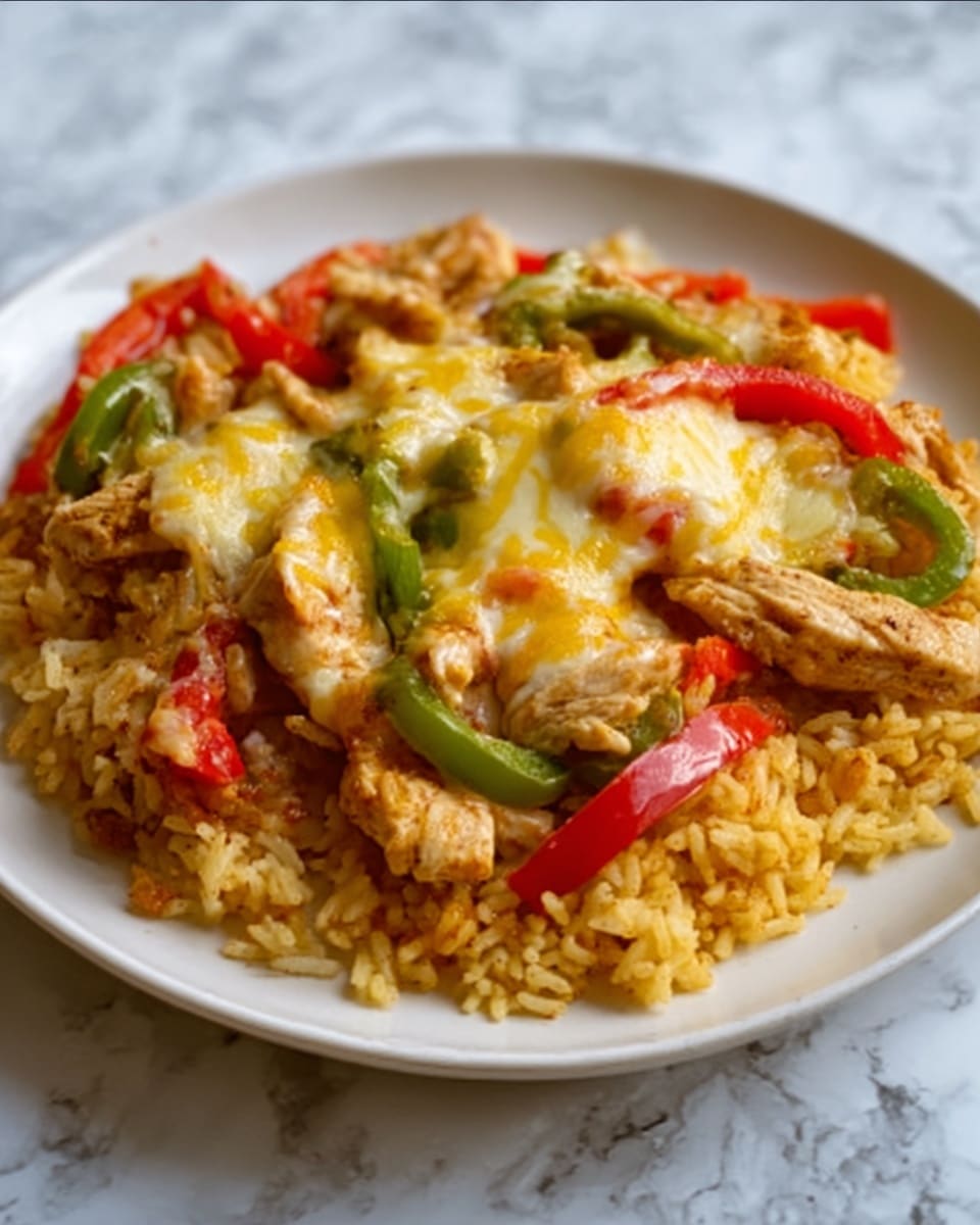 The image shows a close-up of a white plate filled with orange-colored rice mixed with pieces of chicken and colorful vegetables, including green and red bell peppers. On top, there is a layer of melted white cheese that looks soft and stringy, stretching as a spoon lifts some of the food. The textures of the rice grains and the tender vegetables are clear, creating a warm and inviting dish. In the top right, a woman's hand holds the spoon, scooping up a portion of the cheesy rice and vegetables. The plate is on a white marbled surface. Photo taken with an iphone --ar 4:5 --v 7