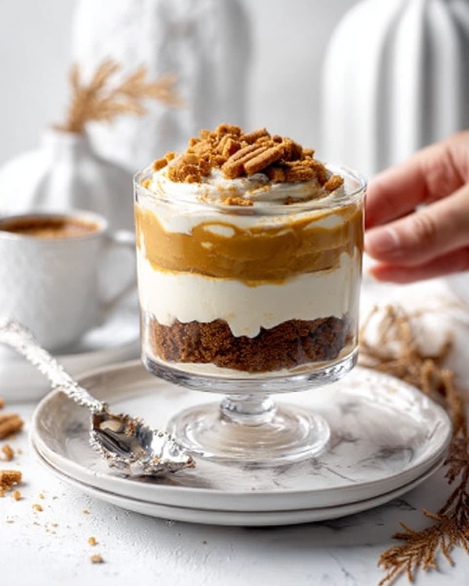 A clear glass dessert cup shows five layers: the bottom layer is dark brown crushed cookies, followed by a thick white creamy layer, then a smooth golden caramel layer, topped by another white creamy layer, and finally crowned with crunchy golden brown cookie pieces. The glass sits on a white marbled surface, next to a white cup and spoon on a white plate with silver details, and a woman's hand is reaching toward the dessert. The background is softly lit with white decor elements. Photo taken with an iphone --ar 4:5 --v 7