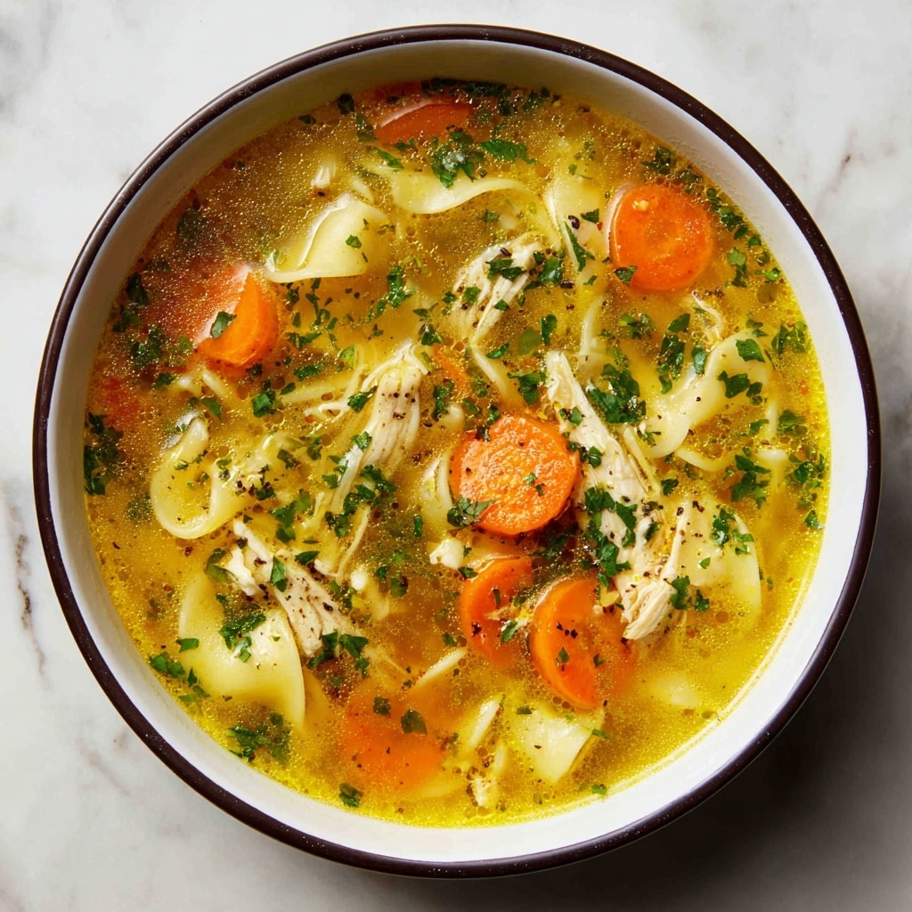 A close-up view of a bowl filled with chicken noodle soup. The soup has a clear yellow broth with small bits of herbs floating on top. It contains three main layers visible: the broth, bright orange rounds of carrot, and white folded egg noodles scattered throughout. Pieces of shredded chicken add texture among the noodles and carrots. The soup is garnished with small green herbs sprinkled on top. The bowl is white with a dark rim, placed on a surface with a white marbled texture. photo taken with an iphone --ar 4:5 --v 7