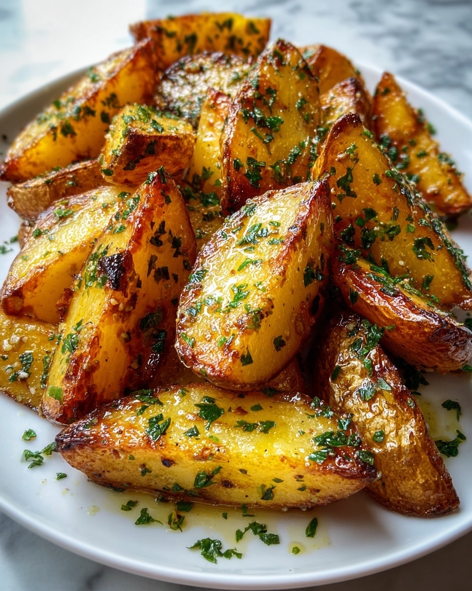 A plate of crispy roasted potato wedges sits on a white dish over a white marbled surface. The potatoes are golden brown with a slightly charred texture on the edges and soft, yellow inside. Each wedge is coated with a shiny layer of oil and sprinkled with finely chopped green herbs and small bits of seasoning, giving a fresh, herby look. The pieces are arranged in a somewhat scattered pile, showing their rough, crispy skin and soft flesh. Photo taken with an iphone --ar 4:5 --v 7
