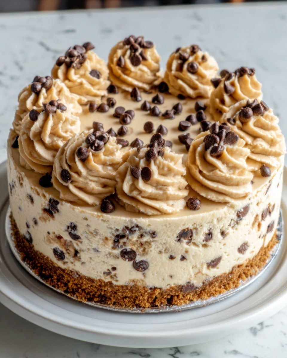 A round, multi-layered cake sits on a white plate on a white marbled table. The bottom layer is a thick, crumbly brown crust. Above it is a thick layer of light brown, creamy filling mixed with small chocolate chips visible throughout. The outside of this creamy layer is also covered with scattered chocolate chips. On top of the cake, there are eight swirls of the same light brown cream arranged in a circle, each topped with more chocolate chips. The texture of the cream is smooth and fluffy, with the chocolate chips adding small dark spots across the cake's surface. Photo taken with an iphone --ar 4:5 --v 7