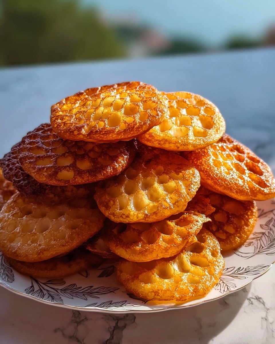 A tall stack of round, honeycomb-patterned golden brown fritters is placed on a white plate with a leaf pattern along the edge. Each fritter has a crispy texture with clearly visible holes that create a lace-like surface, with some parts more golden and others lighter, showing a soft inside. The fritters are piled unevenly, with some overlapping and others slightly tilted, all catching warm sunlight that enhances their rich golden color. The background shows a soft-focus white marbled texture, giving a clean and elegant look. photo taken with an iphone --ar 4:5 --v 7