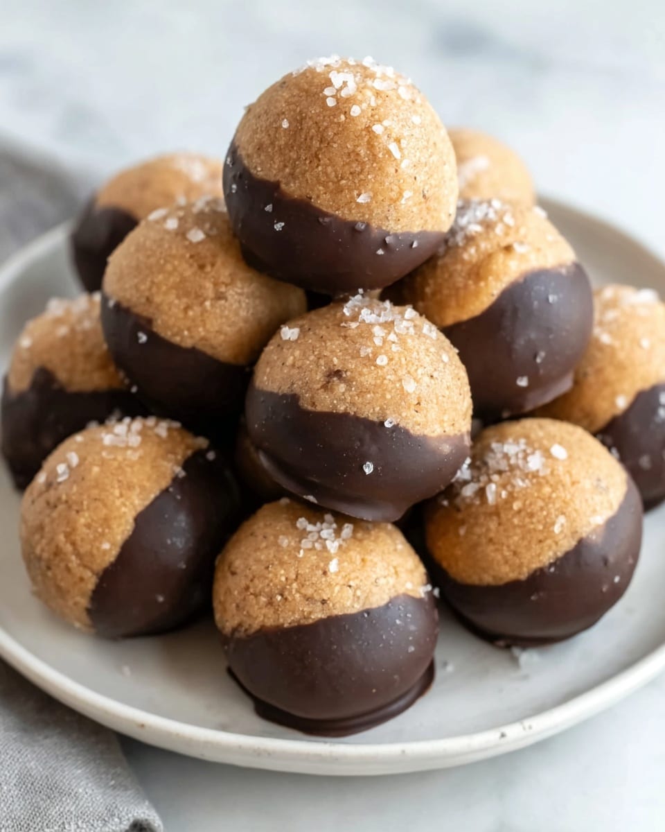 A white plate holds a pile of round peanut butter balls dipped halfway in dark chocolate on a white marbled surface. Each ball has two layers: the bottom half is smooth, shiny dark brown chocolate, and the top half is a light tan, slightly crumbly peanut butter layer with a matte finish. One ball is placed on top center, bitten to show a dense, slightly rough, and moist peanut butter inside. Small flakes of white sea salt are scattered on the peanut butter tops. The image is close up with soft natural light and a blurred background. Photo taken with an iphone --ar 4:5 --v 7
