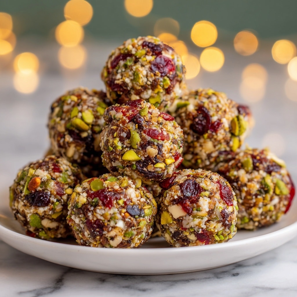 The image shows a white plate filled with small round energy balls, each made up of finely chopped nuts and dried fruits. The balls have a textured surface with visible pieces of green pistachios, red cranberries, and light-colored nuts, creating a colorful mix of green, red, and beige tones. The energy balls are close together, stacked slightly on top of each other, and the background is a soft blurred green with warm yellow bokeh lights. The plate rests on a white marbled textured surface. Photo taken with an iphone --ar 4:5 --v 7