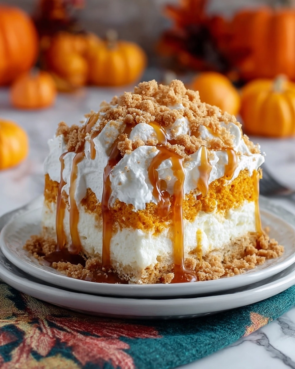 A three-layer dessert piece sits on a white plate placed on a colorful cloth over a white marbled surface, with a blurred background of small pumpkins and autumn decorations. The bottom layer is creamy white with a smooth texture, the middle layer is thick and orange with a moist, cake-like texture, and the top layer is fluffy white whipped cream. The whipped cream is sprinkled with crumbly brown cookie or graham cracker bits, and caramel sauce is drizzled over the top, dripping down the sides and pooling slightly on the plate. photo taken with an iphone --ar 4:5 --v 7