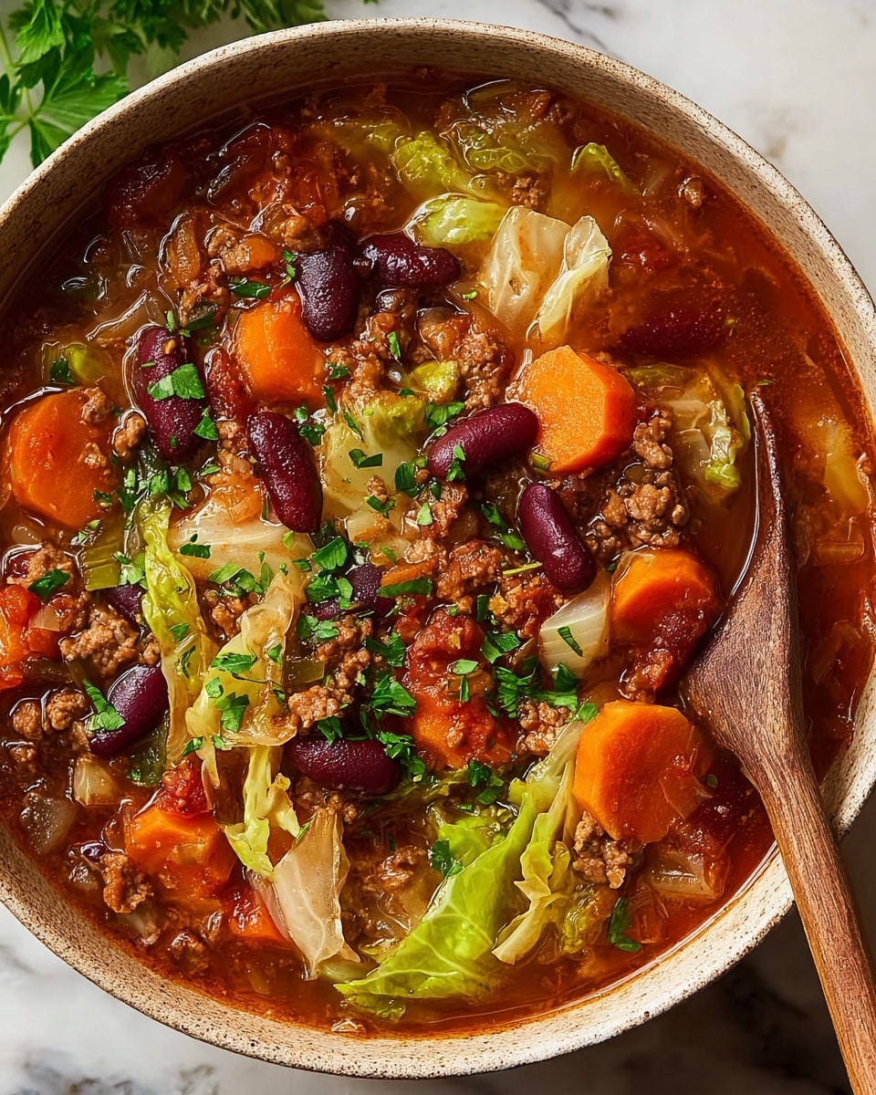 The image shows a bowl filled with hearty soup containing several layers of ingredients. The top layer features bright green parsley leaves sprinkled over rich red kidney beans, chunks of vibrant orange carrot slices, and tender light green cabbage pieces. Beneath these, there is a mix of browned ground meat and large chunky pieces of red tomatoes in a reddish-brown broth. The bowl is white and sits on a white marbled texture surface. A wooden spoon rests inside the bowl on the right side. Photo taken with an iphone --ar 4:5 --v 7