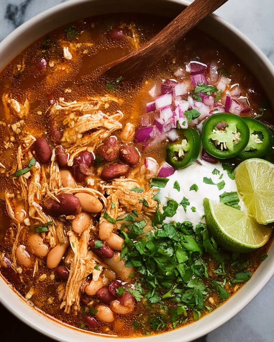 A close-up view of a bowl filled with a rich chicken and bean stew that has a warm brownish-orange broth with visible oil droplets. The stew contains shredded chicken and a mix of light beige and red beans, spread evenly throughout the liquid. There is a cluster of fresh toppings on one side, including chopped red onions with white and purple hues, sliced green jalapeño rings, chopped green onions, and bright green cilantro. A dollop of white sour cream sits near two lime wedges with a fresh green rind and juicy light green flesh. A wooden spoon rests in the stew on the right side, slightly submerged. The bowl is white and sits on a white marbled surface. photo taken with an iphone --ar 4:5 --v 7