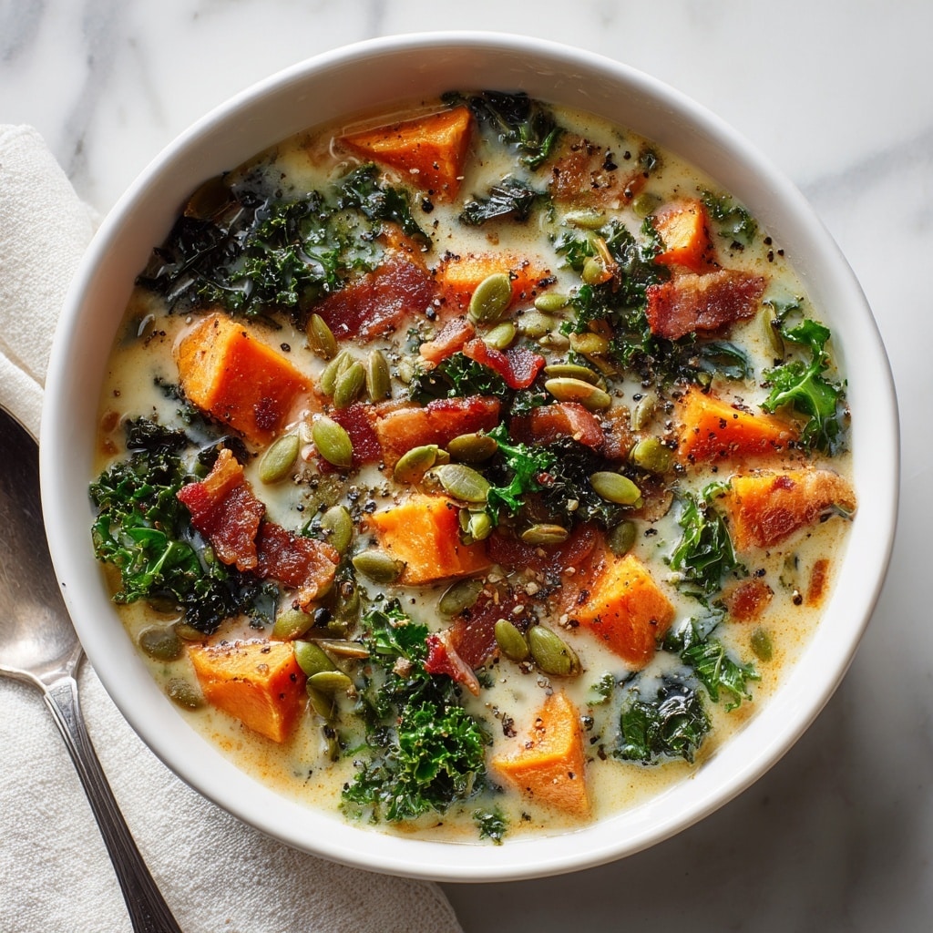 A close-up of a white pot filled with a colorful soup showing three main layers: the base is a creamy yellow broth with a smooth and slightly foamy texture, scattered throughout are chunks of soft-looking orange sweet potato pieces, and dark green leafy kale leaves sit on top, slightly wilted but still vibrant. The pot is placed on a surface with a white marbled texture. photo taken with an iphone --ar 4:5 --v 7