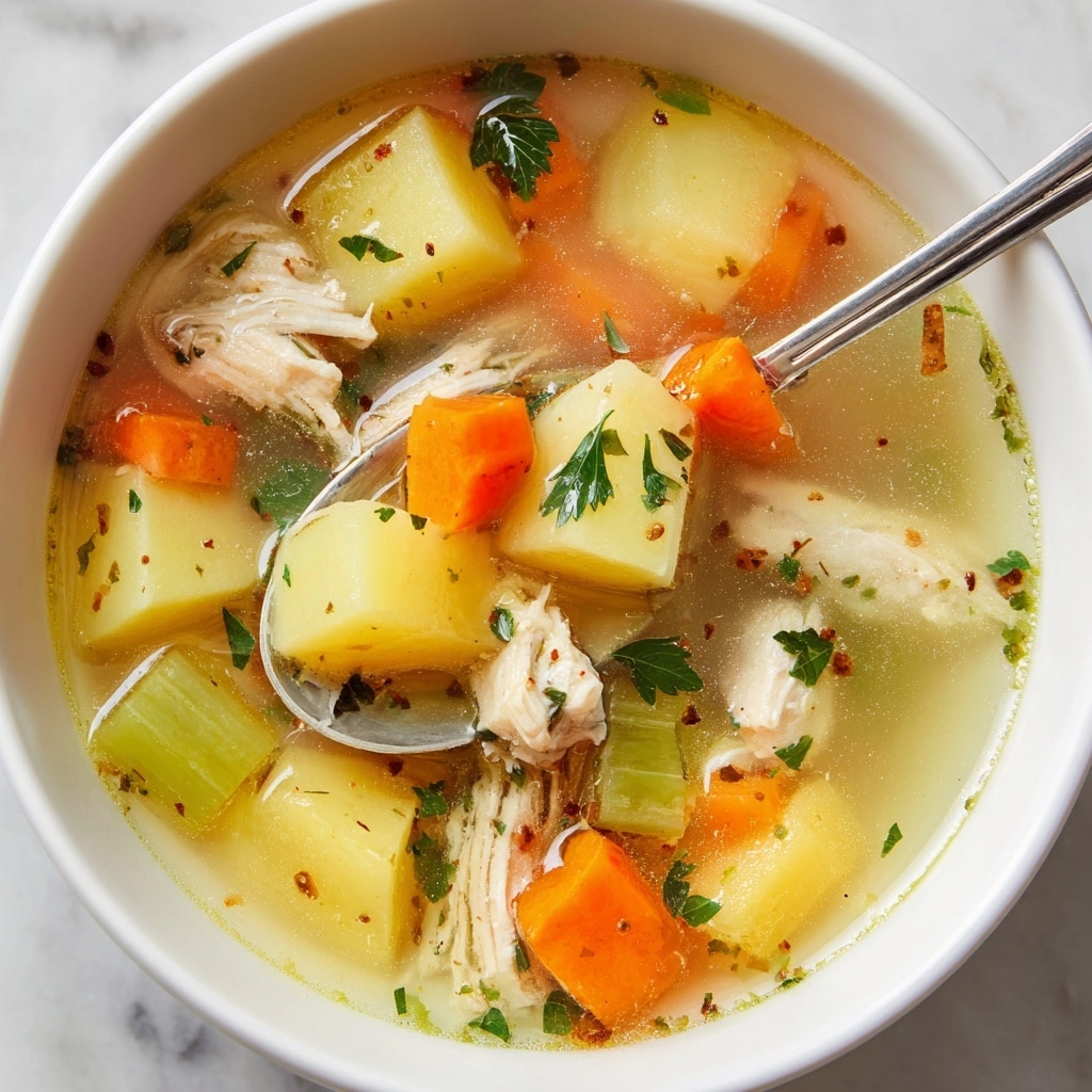 A white bowl filled with a clear golden soup that has visible chunks of tender white chicken pieces scattered throughout. There are soft yellow potato chunks and bright orange carrot slices evenly spread in the soup, along with small bits of green celery and parsley leaves adding fresh green touches. The broth is dotted with tiny red chili flakes and black pepper specks, making the surface lively and colorful. The bowl sits on a dark cloth fabric on a white marbled surface, giving a cozy and warm feeling. photo taken with an iphone --ar 4:5 --v 7