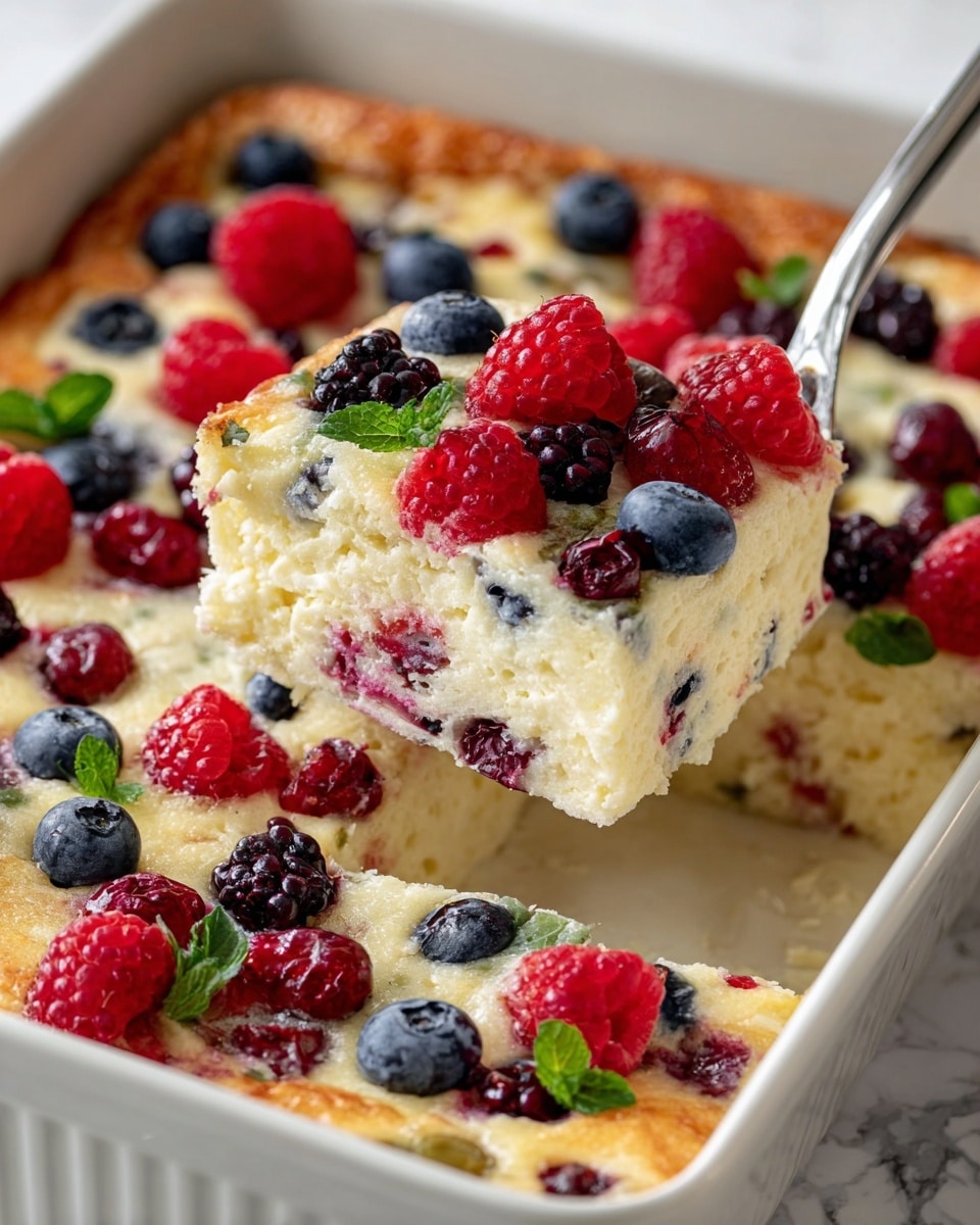 A close-up of a square piece of baked dessert being lifted with a silver spatula from a white ceramic dish with rounded edges. The dessert has two main layers: a thick, fluffy white base layer with a soft, creamy texture, and a top layer dotted with bright red raspberries, deep purple blackberries, and small green mint leaves scattered throughout. The berries appear juicy and slightly sunken into the top of the white layer, which looks moist and slightly browned on top. The background is a white marbled surface with a beige textured cloth to the side. Photo taken with an iphone --ar 4:5 --v 7