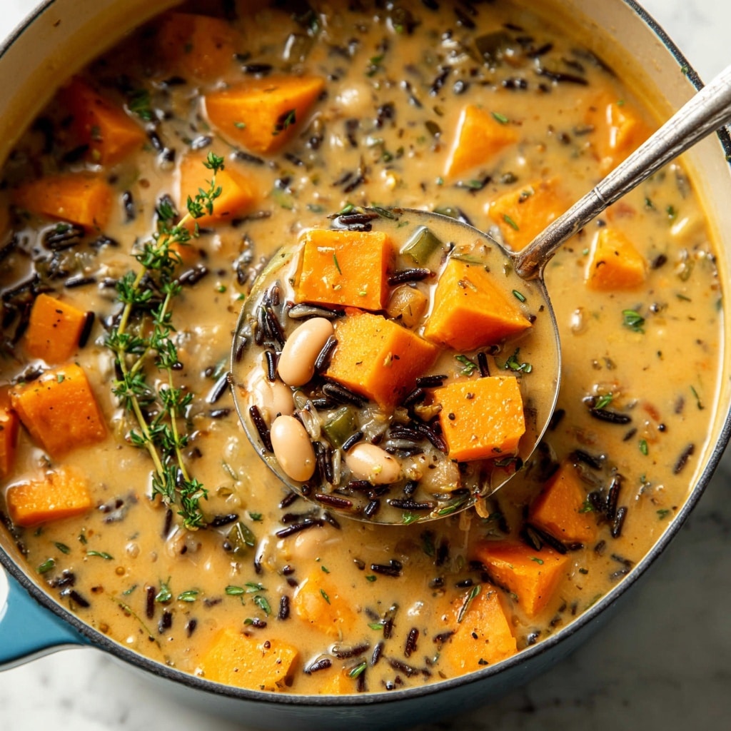 A close-up view of a thick soup in a large, blue pot with visible orange chunks of butternut squash, black wild rice grains, and white beans in a creamy orange broth; a ladle is lifting some soup, showing the chunky texture and the soup is garnished with a small sprig of fresh green thyme in the center. The scene is set on a white marbled textured surface. photo taken with an iphone --ar 4:5 --v 7