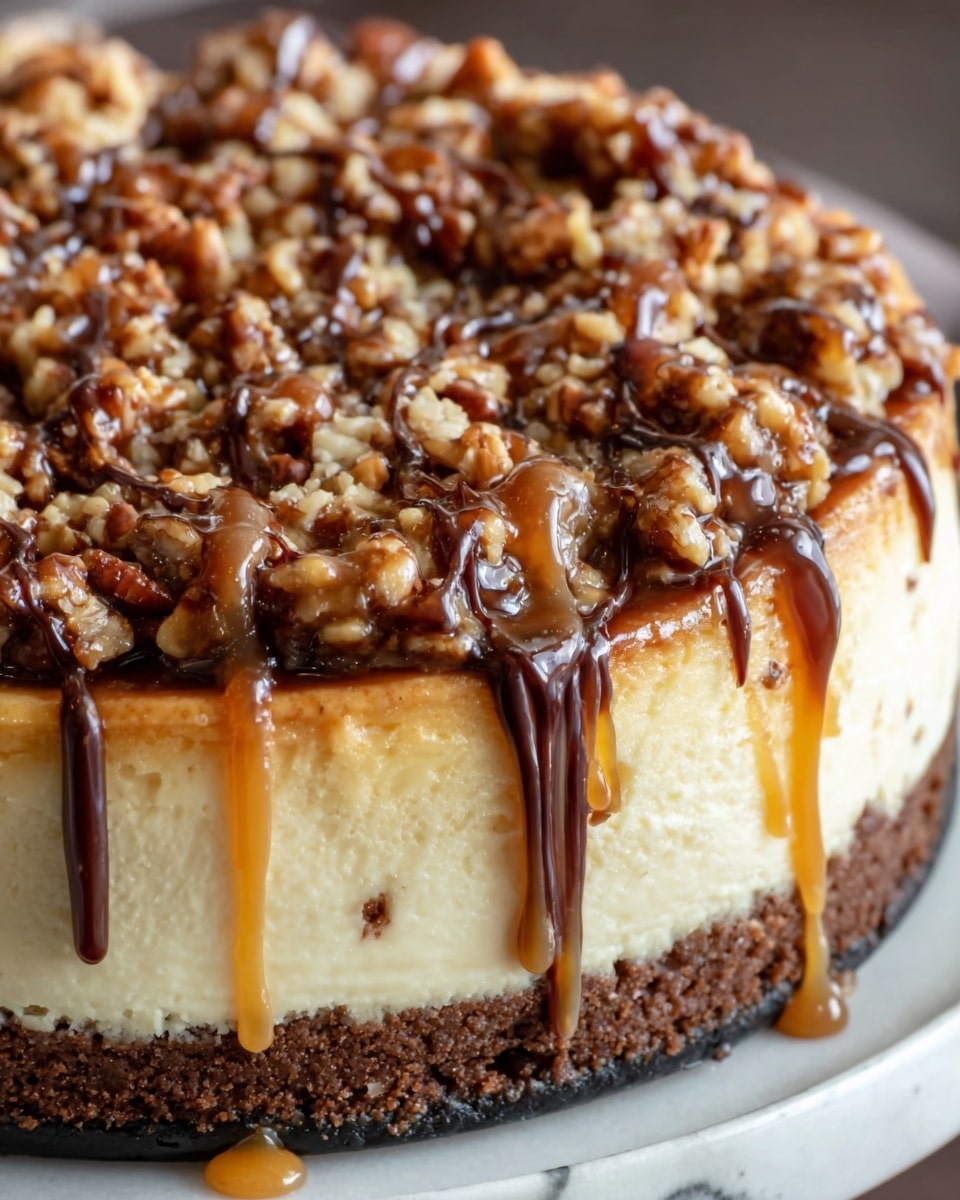 A close-up image of a thick cheesecake on a white plate, placed on a white marbled surface. The cheesecake has three visible layers: a bottom layer of dark brown crumbly crust, a middle layer of smooth and creamy light beige cheesecake filling, and a top layer covered with crumbled nuts and small pieces of caramelized sugar. Dark brown chocolate and golden caramel sauces are drizzled over the top, some caramel sauce dripping down the side of the cheesecake. The texture of the top layer looks crunchy and sticky with a mix of shiny caramel and matte nuts. Photo taken with an iphone --ar 4:5 --v 7