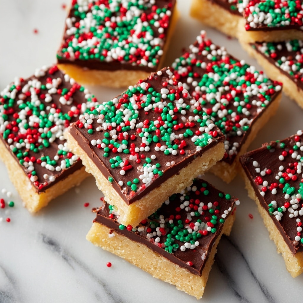 The image shows a treat broken into many pieces, laid out on a white marbled surface. Each piece has three clear layers: a light tan bottom layer with a rough, crumbly texture, a smooth dark brown middle layer of chocolate, and a top layer covered with small, colorful sprinkles in red, green, and white, both round and elongated shapes spread thickly and evenly. The pieces are irregular but mostly rectangular, showing the contrasting layers clearly. photo taken with an iphone --ar 4:5 --v 7